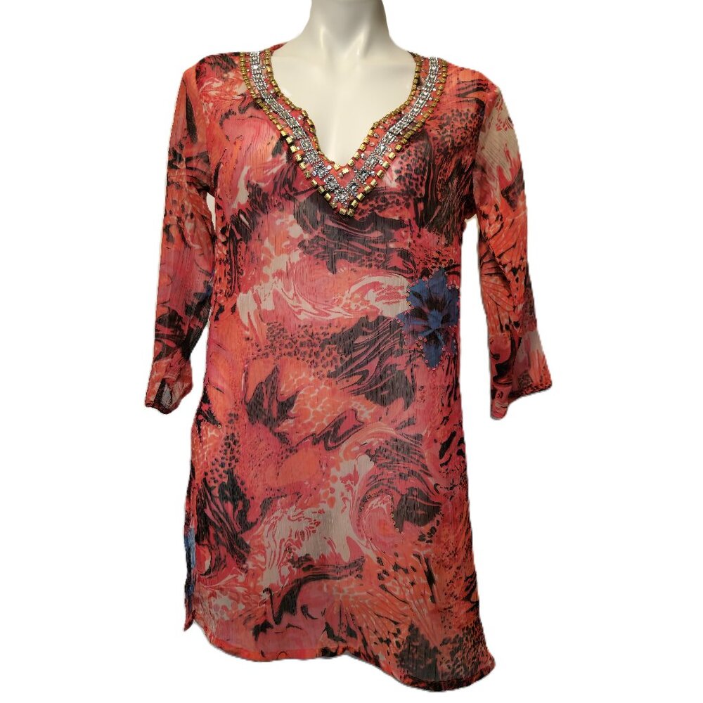 ❤️ 4/$20 Aqua Blue tunic Women's small Sheer Pinks orange Embellished neckline